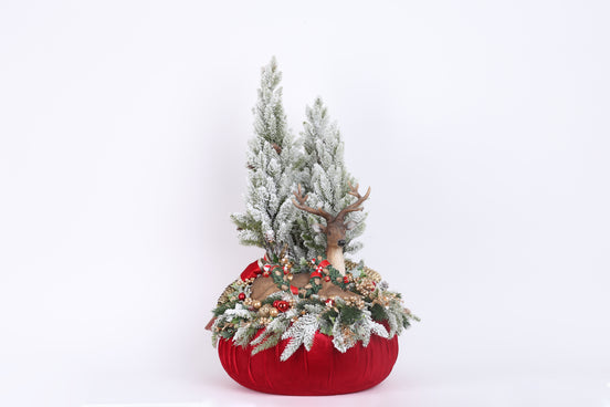 Aranjament decorativ de Crăciun cu bază din catifea și ren decorativ, roșu, 45x75cm