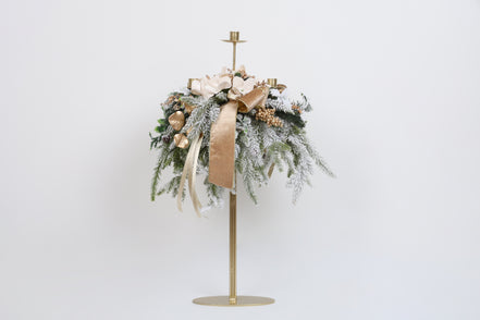 Suport înalt pentru lumânări cu 3 brațe și decorațiuni de Crăciun, alb/auriu/verde, 65cm