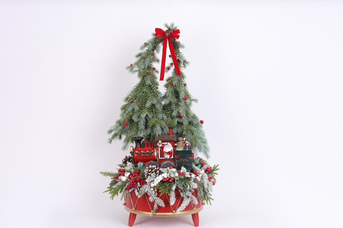 Aranjament decorativ de Crăciun cu 2 brazi și trenuleț, 38cm