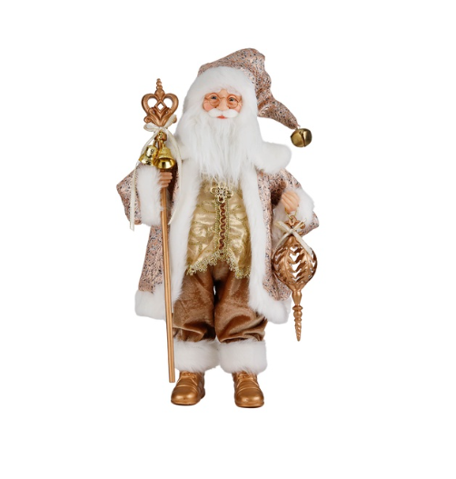 Moș Crăciun decorativ cu toiag și ornament, auriu/crem, 46 cm