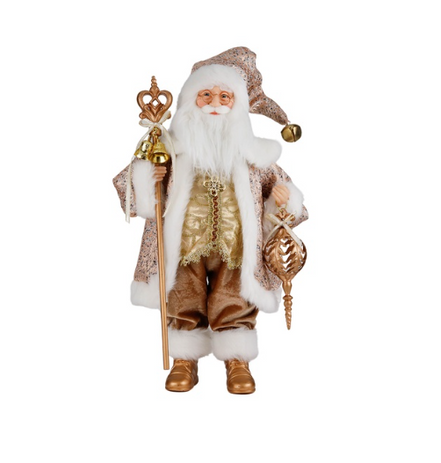 Moș Crăciun decorativ cu toiag și ornament, auriu/crem, 46 cm