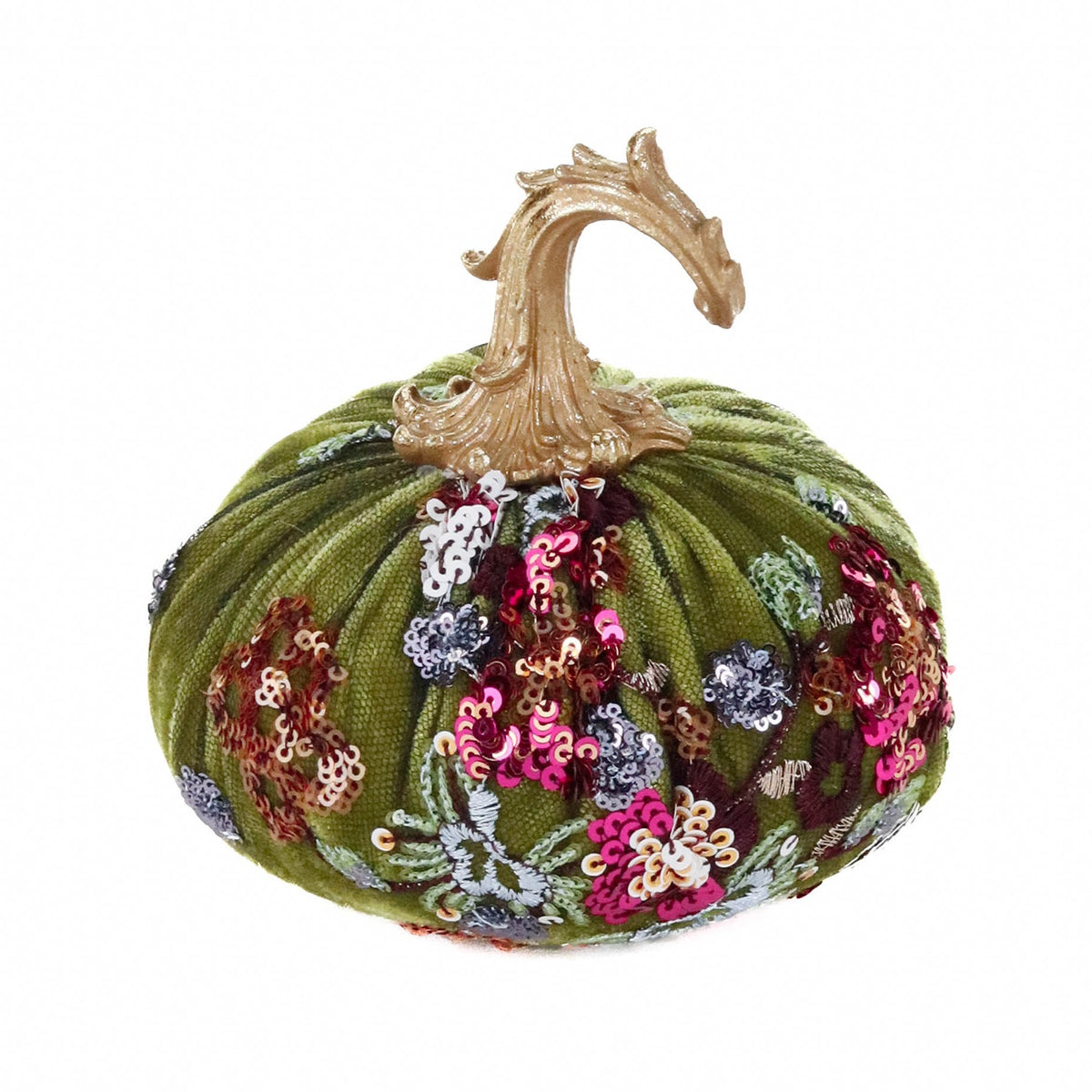 Dovleac decorativ cu broderie florală, verde/auriu, 17 cm
