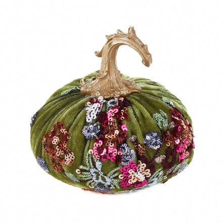 Dovleac decorativ cu broderie florală, verde/auriu, 17 cm