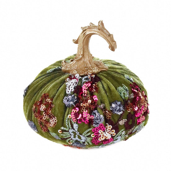 Dovleac decorativ cu broderie florală, verde/auriu, 17 cm