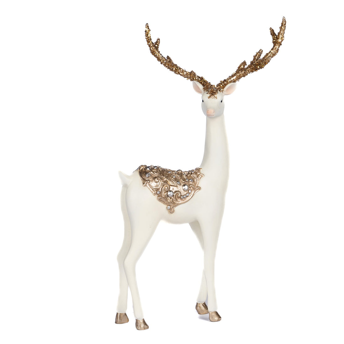 Ren elegant cu sclipici, cu șa din frunze, în picioare, alb/auriu, 27.5cm