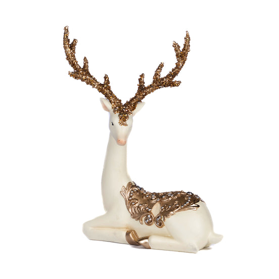 Ren elegant cu sclipici, cu șa din frunze, așezat, alb/auriu, 19.5cm