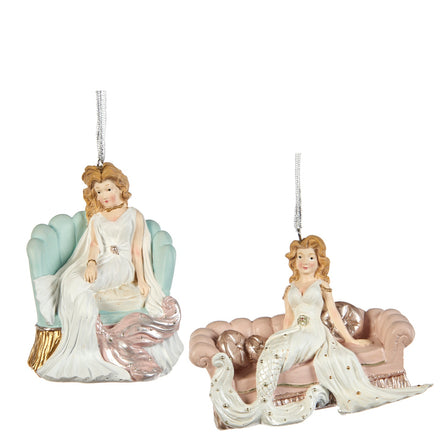 Ornamente 2 Sirene pe canapele roz/crem 11cm