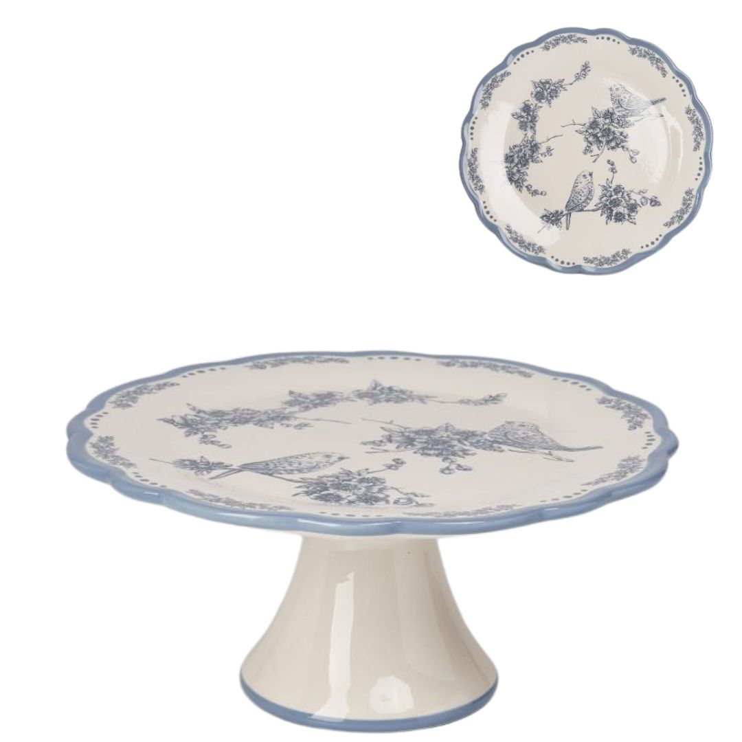 Tavă suport pentru tort cu model floral și cu păsări alb/albastru 21,5cm