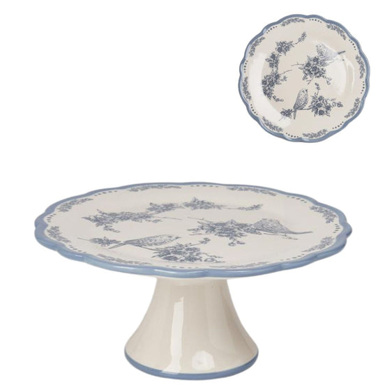 Tavă suport pentru tort cu model floral și cu păsări alb/albastru 21,5cm