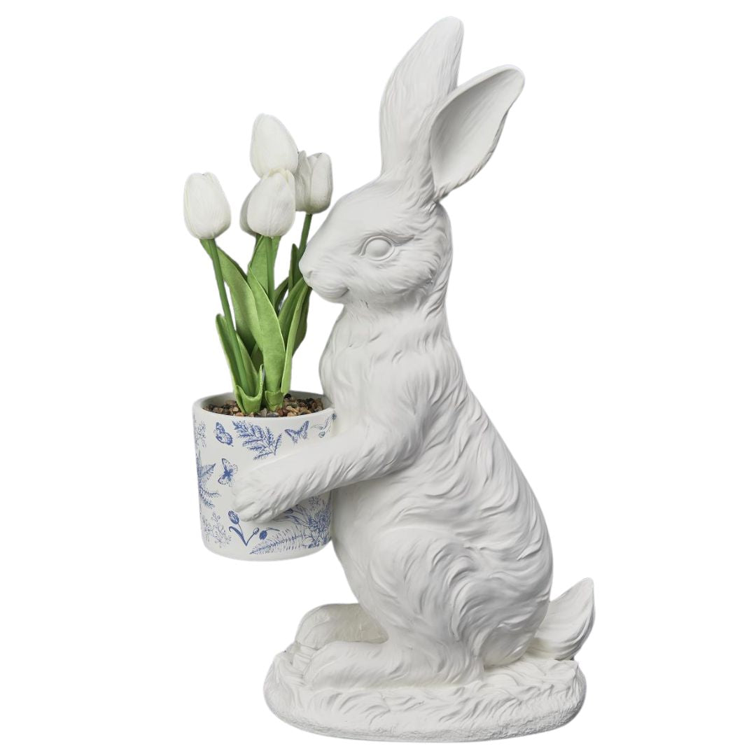 Iepuraș cu ghiveci cu lalele din rășină alb/albastru/verde 51cm