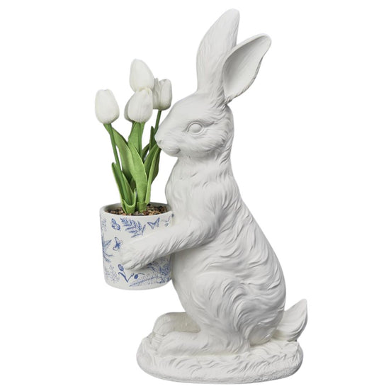 Iepuraș cu ghiveci cu lalele din rășină alb/albastru/verde 51cm