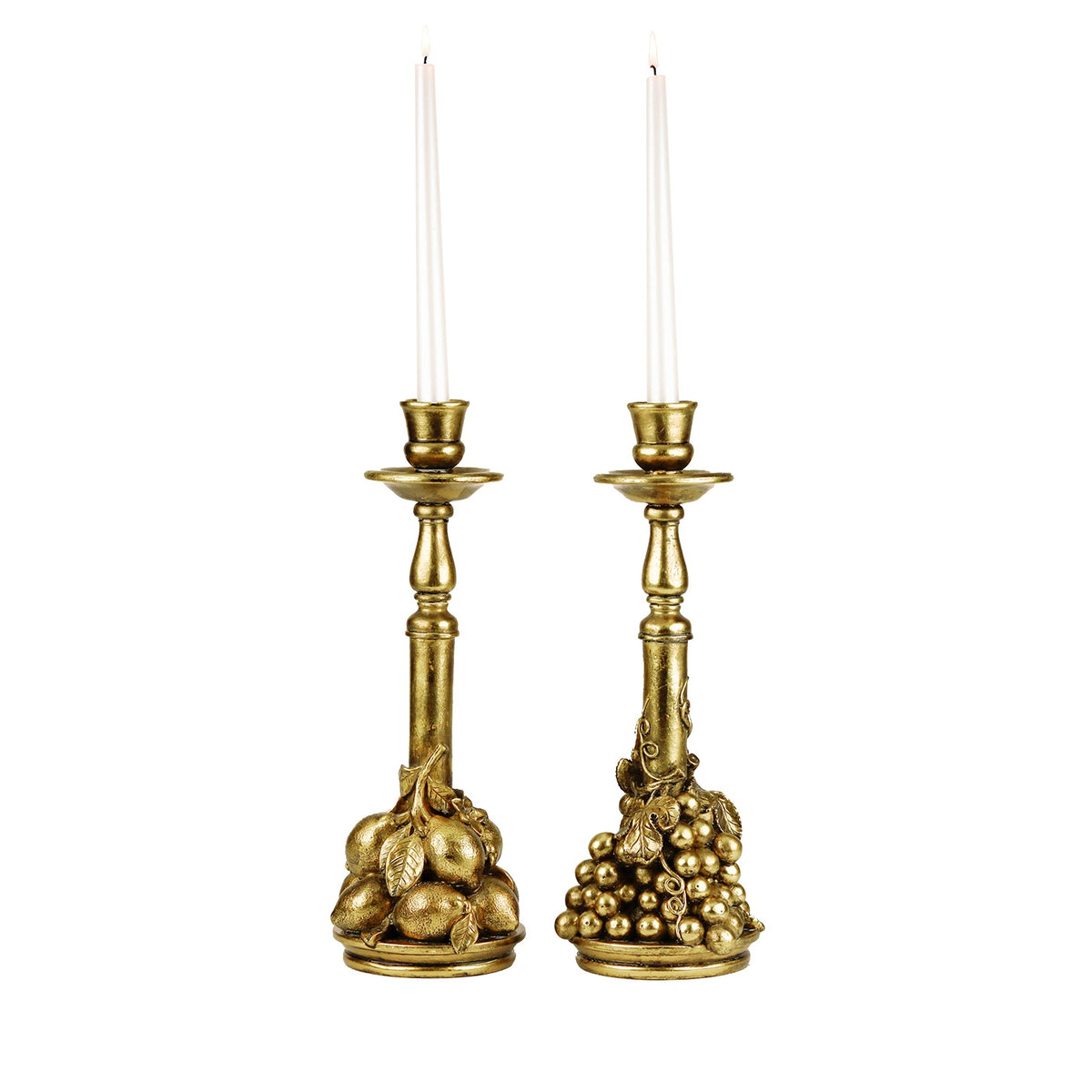 Set 2 sfeșnice decorative cu struguri și lămâi, auriu, 38 cm