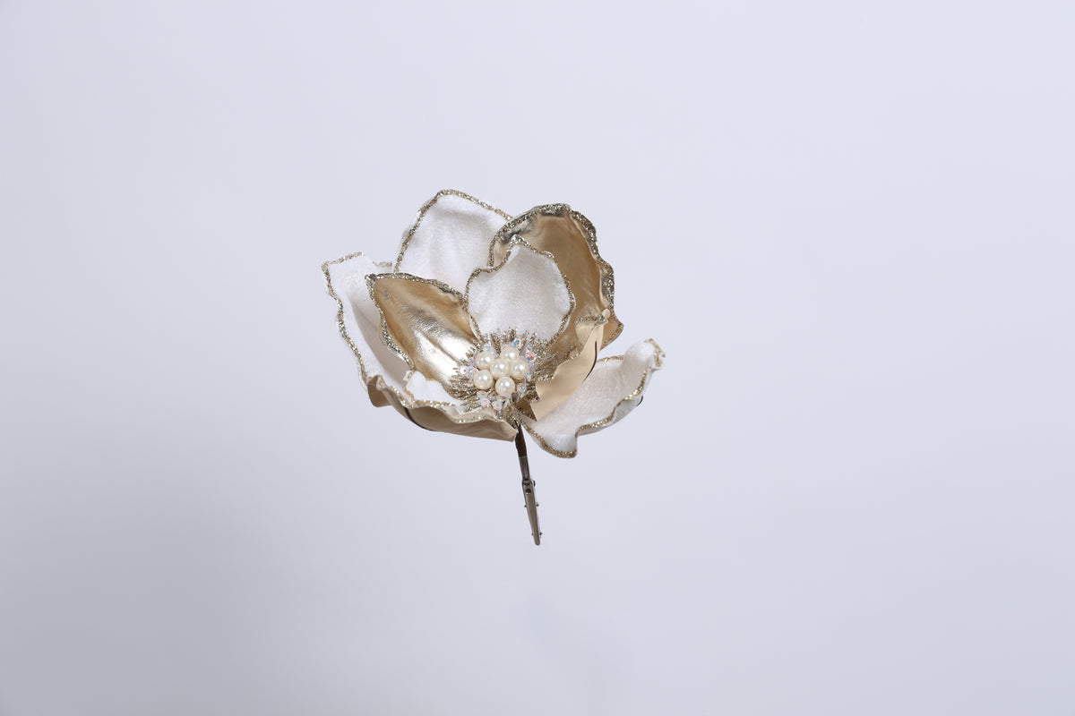 Floare decorativă cu clips, alb/auriu