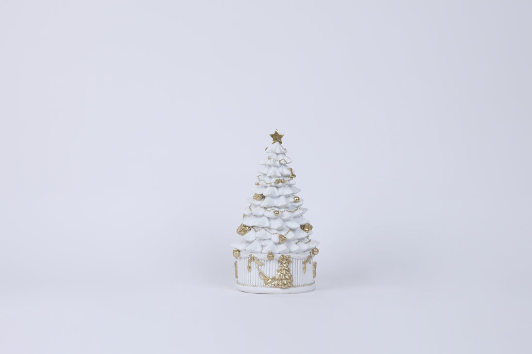 Brad de Crăciun decorativ din rășină, alb/auriu, 16.7x16.5x30cm