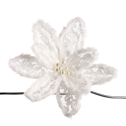 Floare din dantela cu blanita si perle pe clips 29cm alba