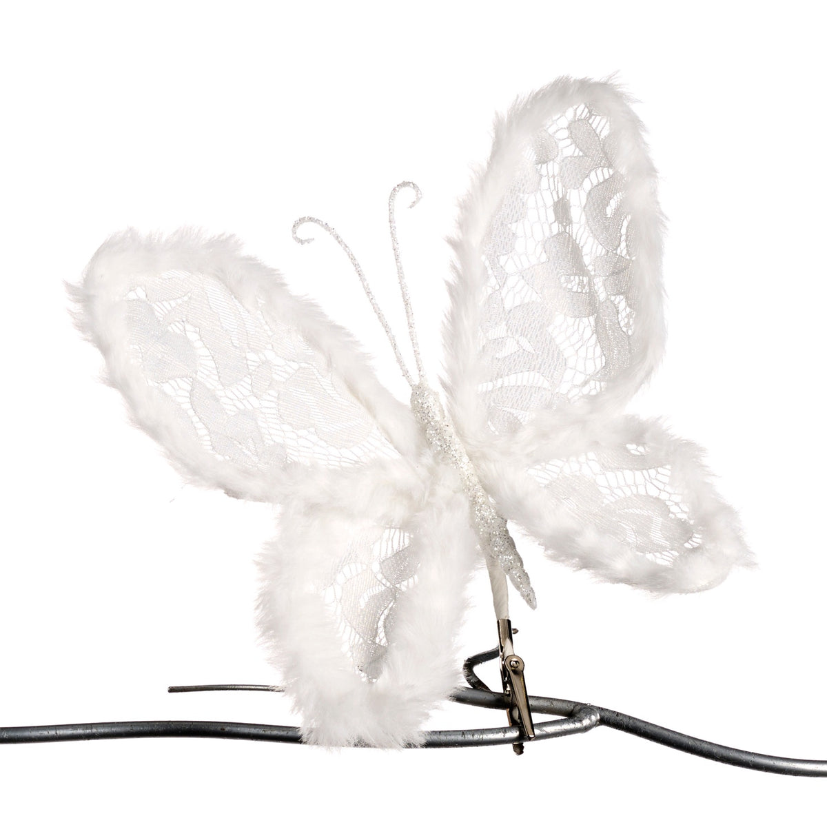 Fluture pe clemă din dantela cu blanita, alb 20cm