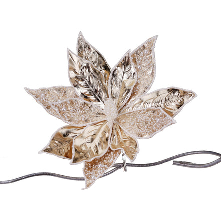 Floare decorativă Crăciuniță pe clips auriu-champagne, 33 cm