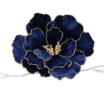Magnolia din catifea cu sclipici pe clema, albastru/auriu 33cm