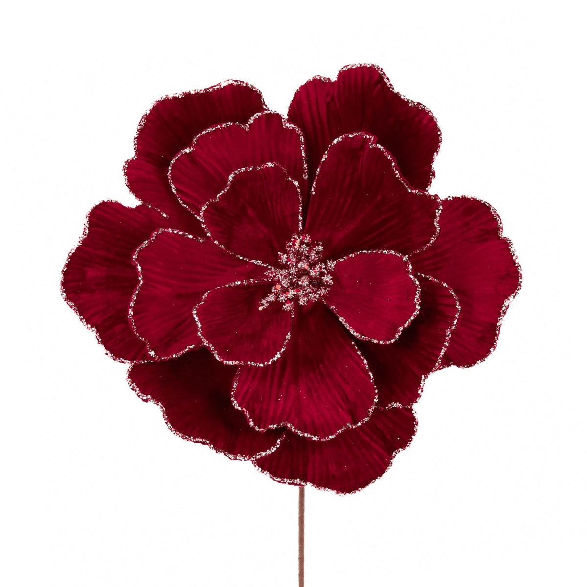 Magnolia din catifea cu sclipici pe tulpina, burgundie 33cm