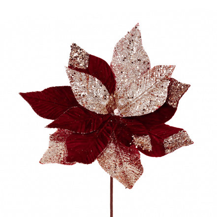 Crăciuniță din tesut si sclipici pe tulpina, burgundie/auriu 30cm