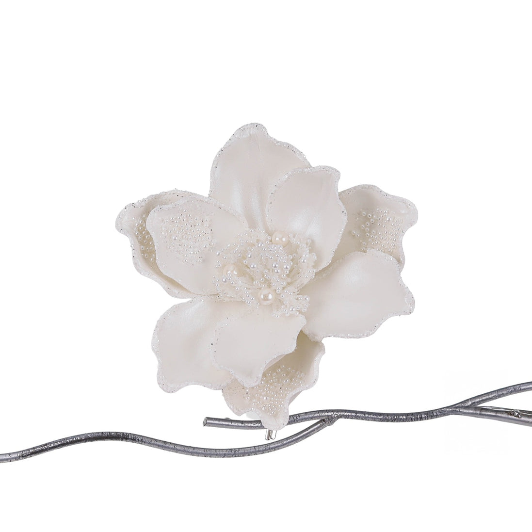 Magnolia efect metalic cu perlute pe clema alb 21cm