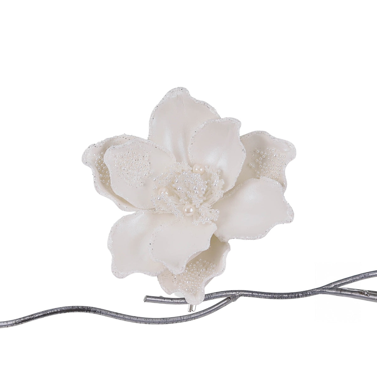 Magnolia efect metalic cu perlute pe clema alb 21cm