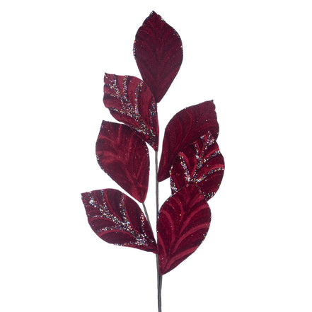 Ramură cu frunze din tesut si sclipici 79cm burgundie