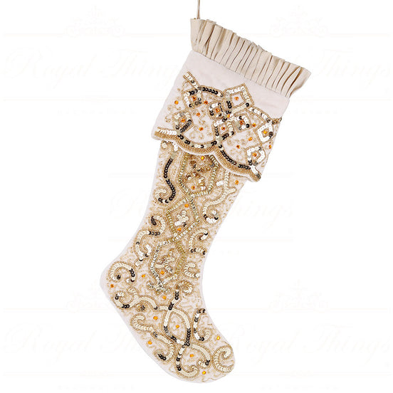 Șosetă decorativă din catifea crem/auriu, 58 cm