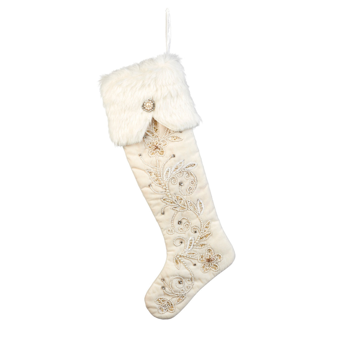 Șosetă decorativă de Crăciun, cu blană artificială și broderie florală, alb, 62 cm