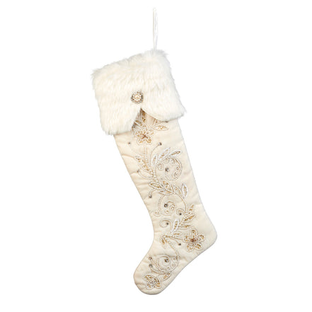 Șosetă decorativă de Crăciun, cu blană artificială și broderie florală, alb, 62 cm