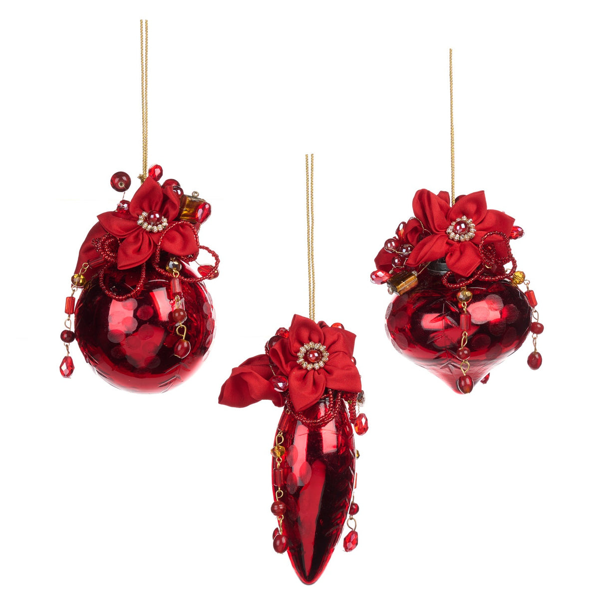 Set 3 Globuri De Sticla Cu Margele , Rosu 9cm