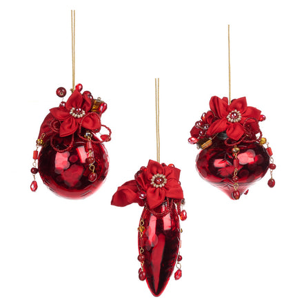 Set 3 Globuri De Sticla Cu Margele , Rosu 9cm