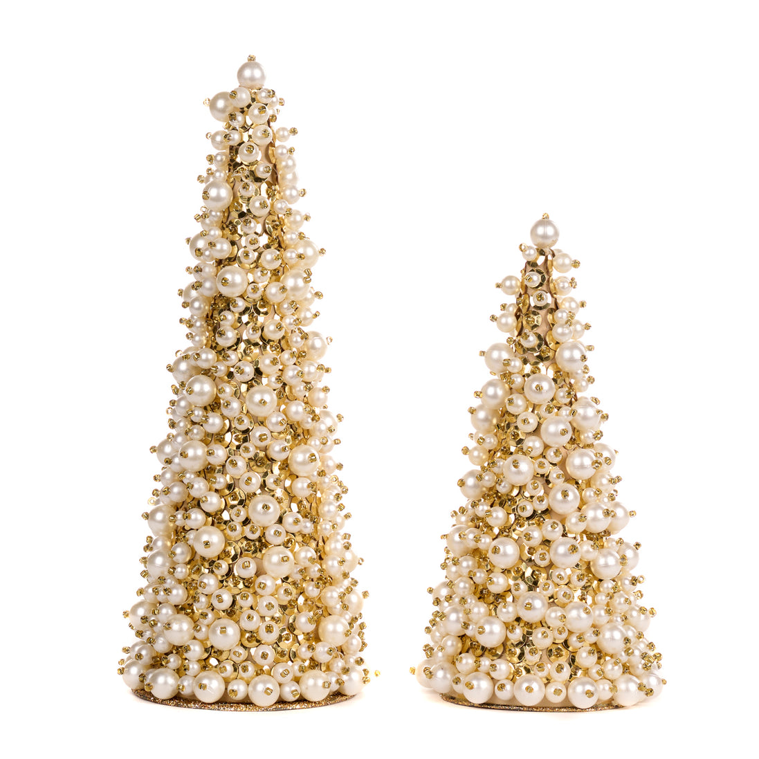 Set 2 conuri in forma de bradut cu perle crem/auriu 25cm