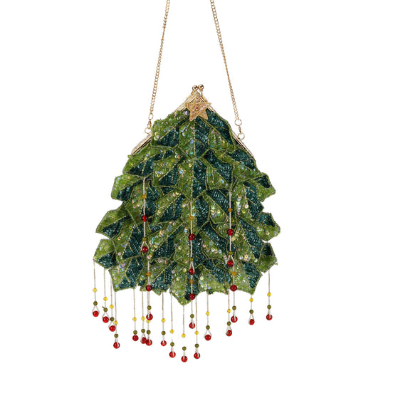 Poseta decorativa tip bradut cu margele si paiete verde 31cm