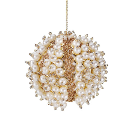 Glob 3d cu broderie, perle si margele, crem/auriu 8cm