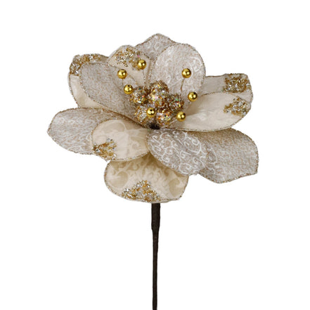 Magnolia colectia regala cu petale brodate fin, crem/sclipici 36cm