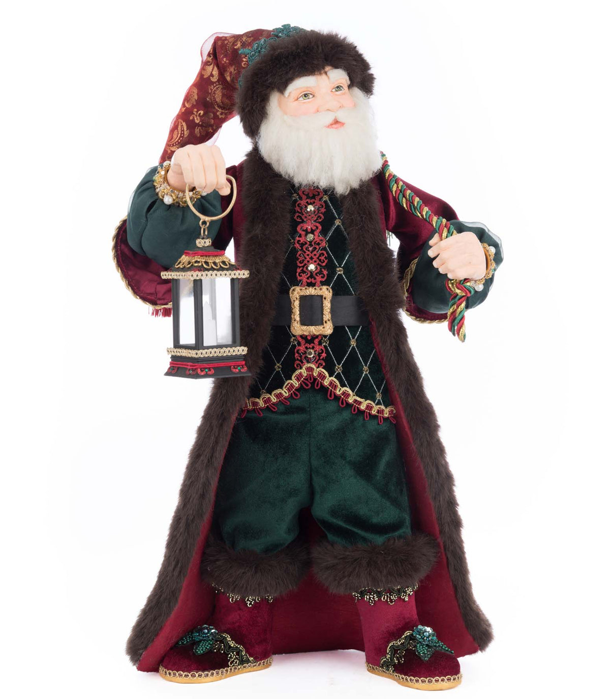 Figurină decorativă Moș Nicolae cu felinar LED, verde, cu baterii