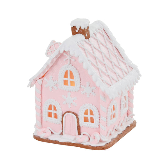 Casuta din turta dulce, decorativa cu led, 15cm roz/alb