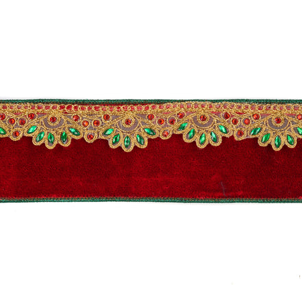 Panglică de catifea cu margine decorativă, roșu/verde, 6,4 cm/5y