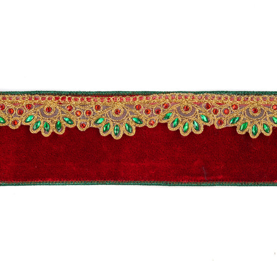 Panglică de catifea cu margine decorativă, roșu/verde, 6,4 cm/5y
