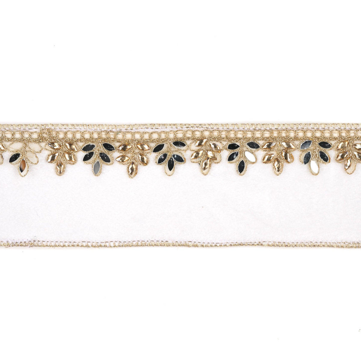 Panglica Decorativa de Craciun din catifea , brodata cu snur auriu si oglinjoare 6.4cm