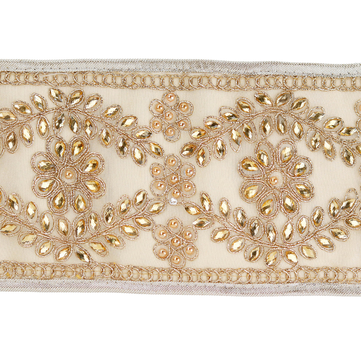 Panglica decorativa colectia jewel cu pietricele,auriu/crem 10cm x 5m