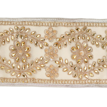 Panglica decorativa colectia jewel cu pietricele,auriu/crem 10cm x 5m