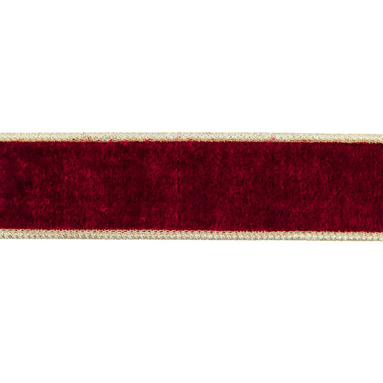 Panglica decorativa din catifea cu margini brodate, burgundy / auriu 3.8cm x 10m