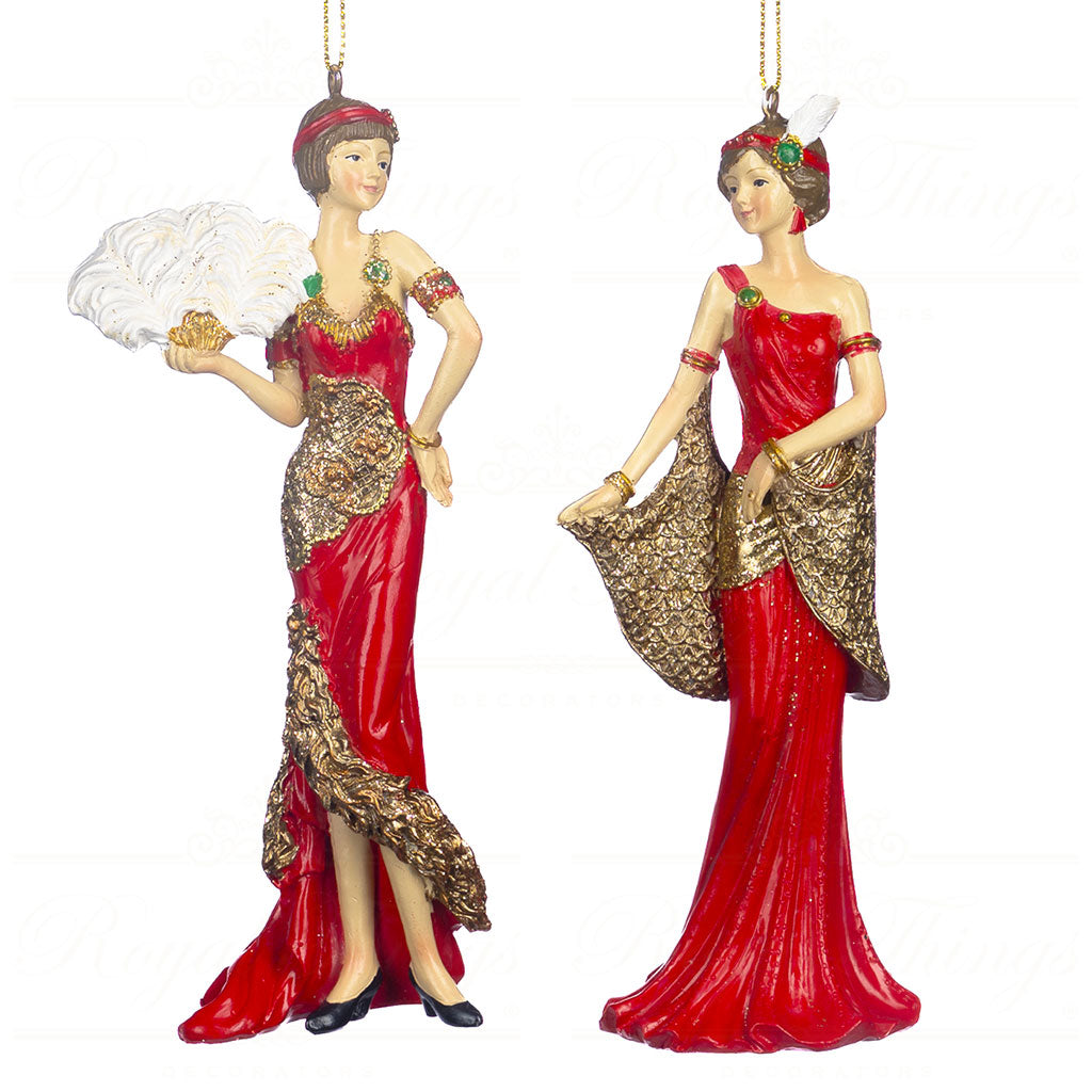 Set 2 Doamne Art deco Gatsby rosu/auriu /maro ,15cm