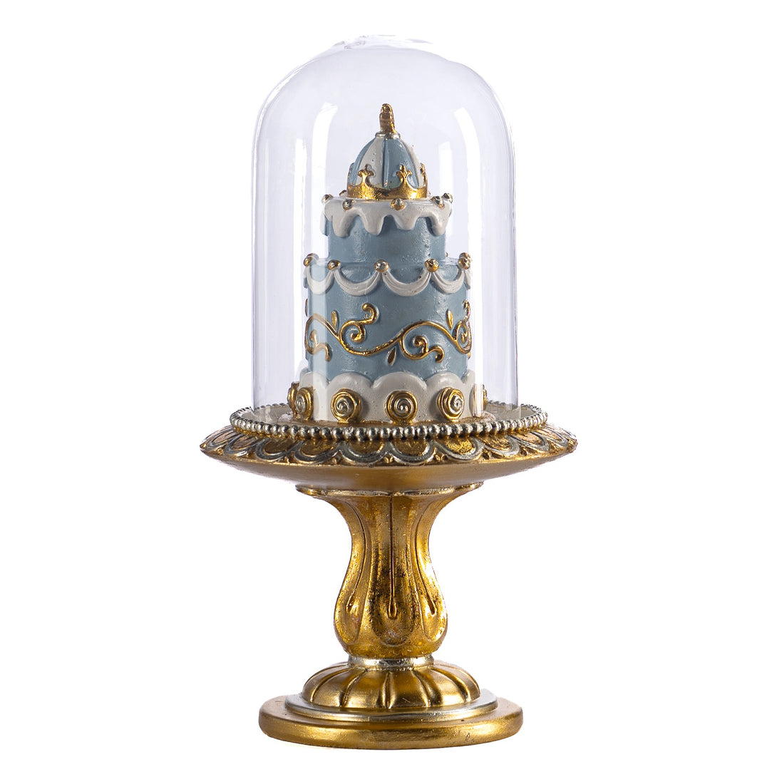 Prăjitură decorativă sub clopot de sticlă, albastru/auriu, 21 cm