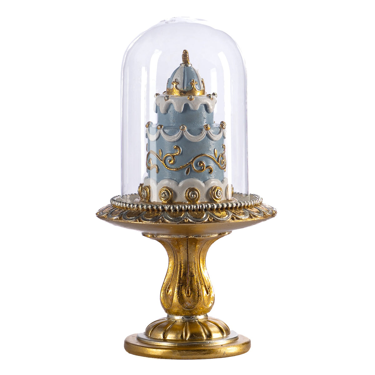 Prăjitură decorativă sub clopot de sticlă, albastru/auriu, 21 cm