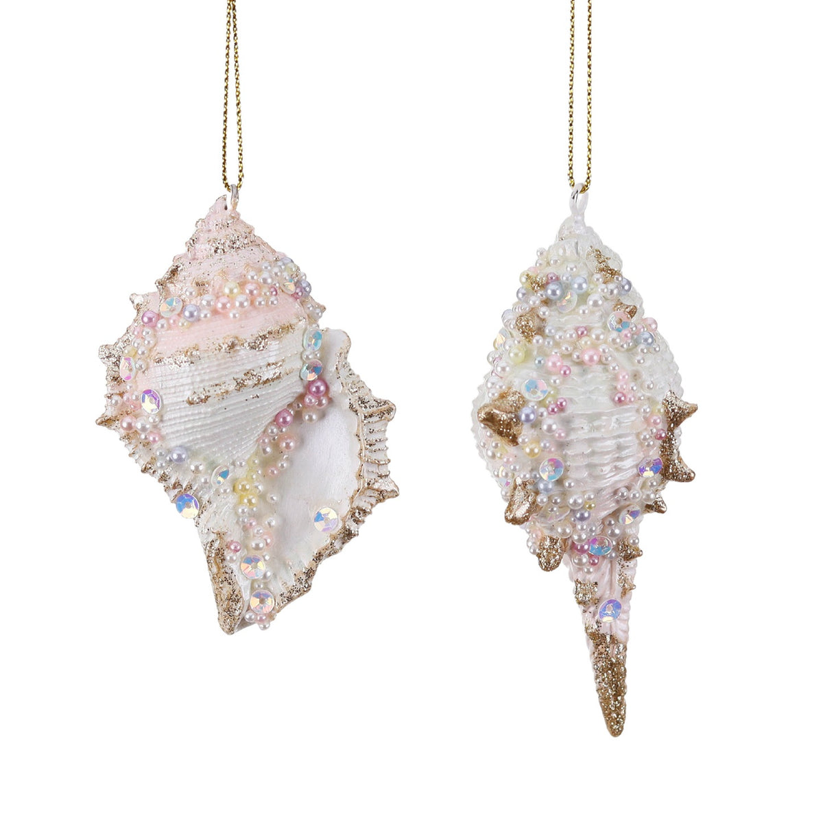 Set 2 ornamente scoică cu perlă, crem/roz/auriu, 9,5 cm