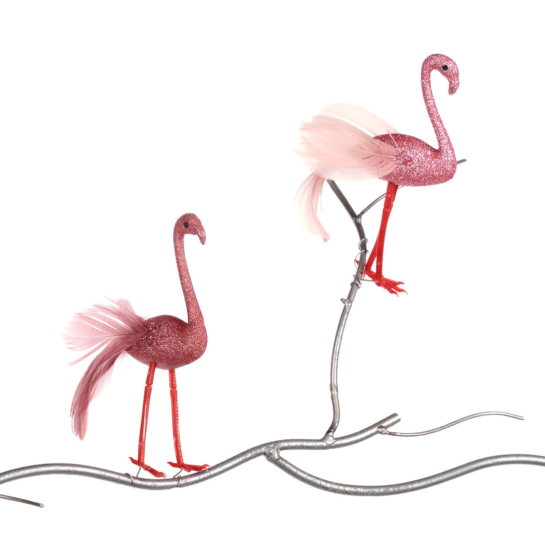 Set 2 ornamente flamingo cu pene și sclipici, roz, 13 cm
