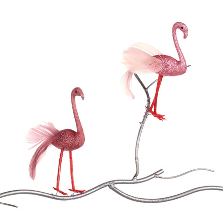 Set 2 ornamente flamingo cu pene și sclipici, roz, 13 cm